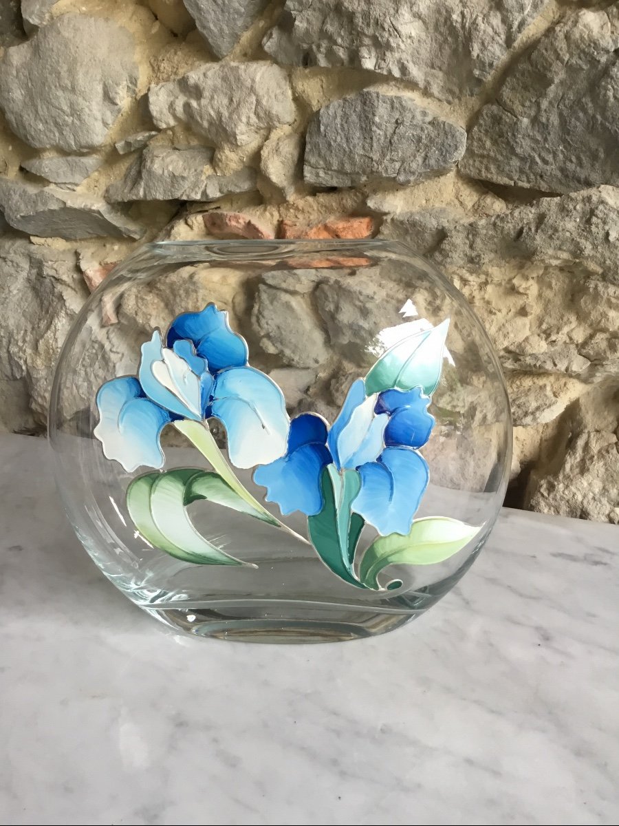 Crystal Vase. Iris Enamel Decoration. Year 1980-photo-2