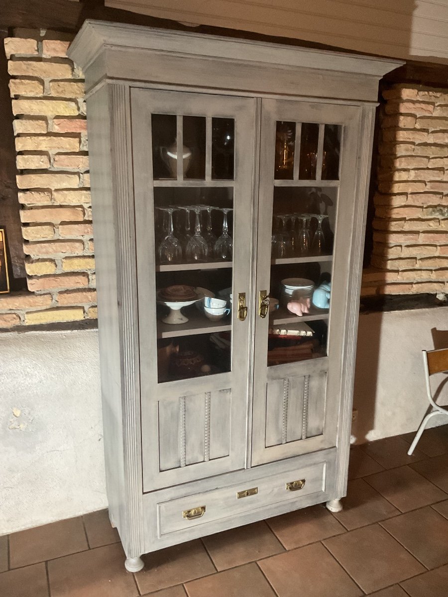 Petite Bibliothèque En Chêne Peinte En Gris Vieilli . Fin XIXe Siècle 