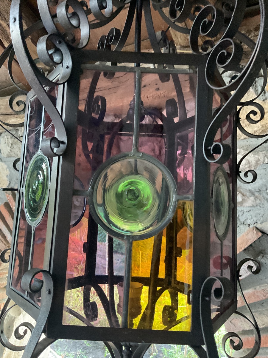 Large Lantern, Cathedral Glass, Early 20th Century -photo-2
