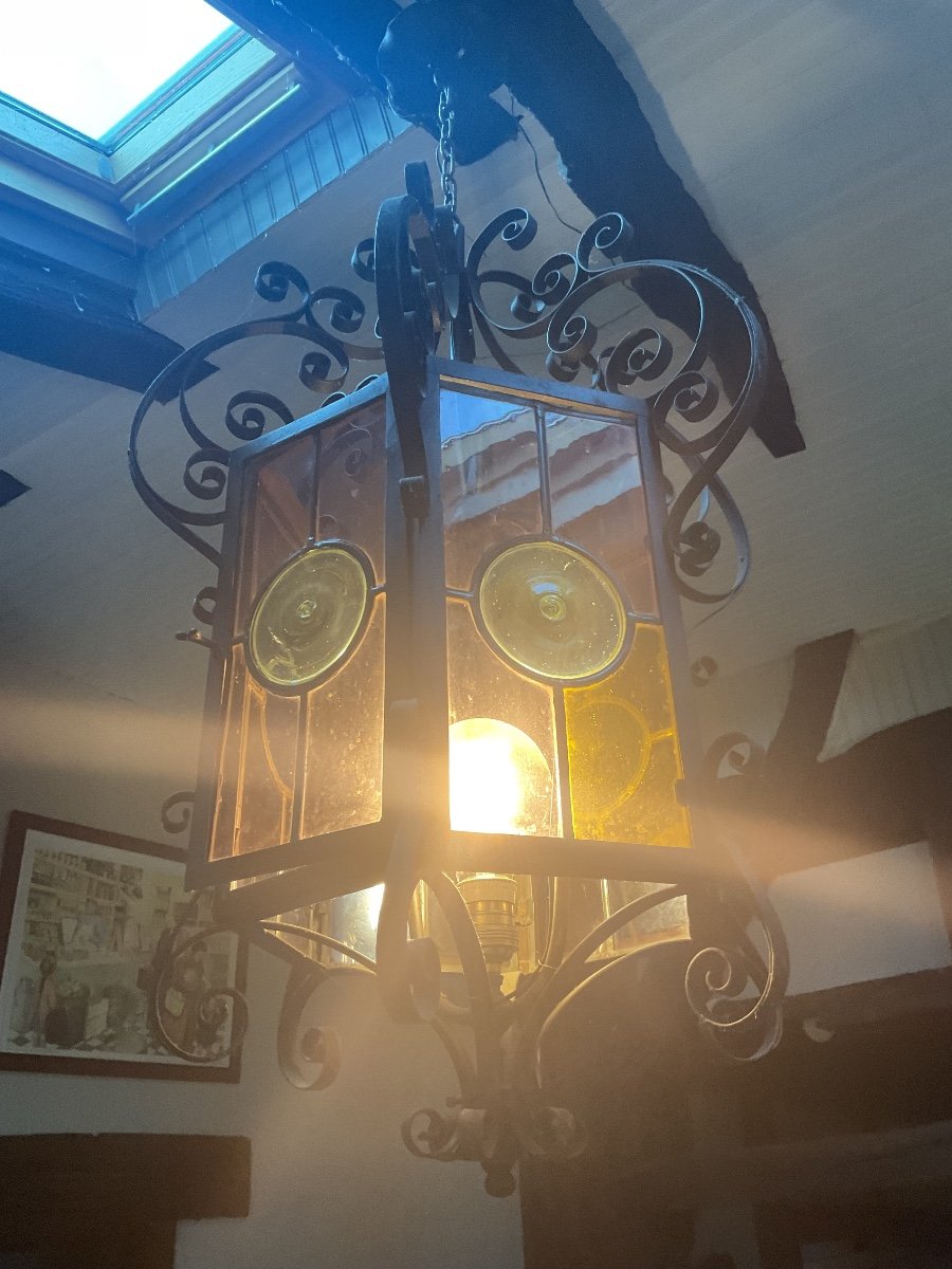 Large Lantern, Cathedral Glass, Early 20th Century -photo-2