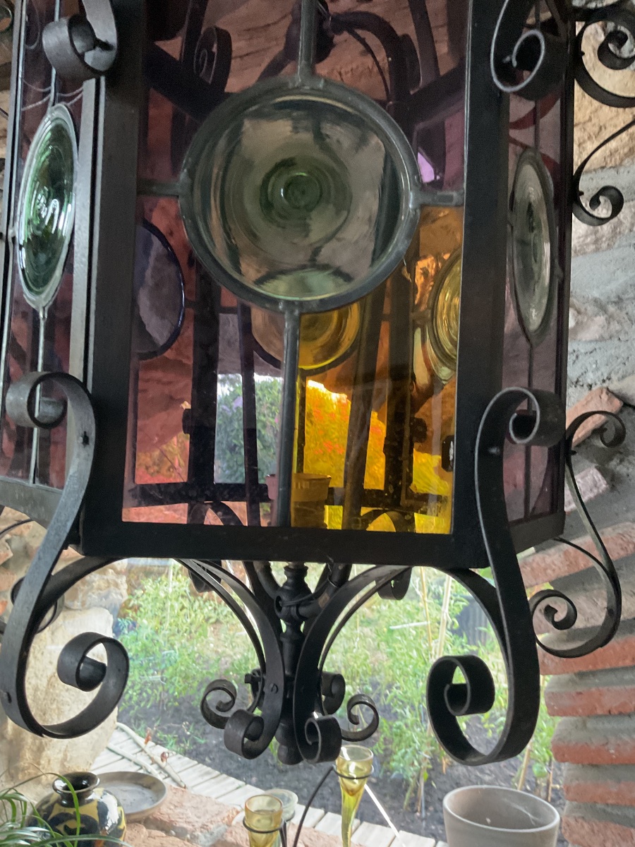 Large Lantern, Cathedral Glass, Early 20th Century -photo-4