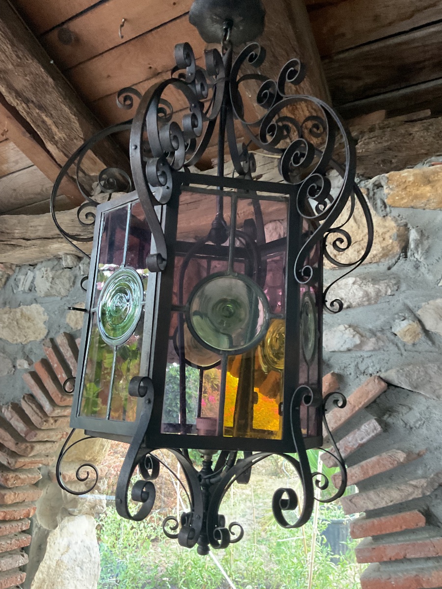 Large Lantern, Cathedral Glass, Early 20th Century -photo-5