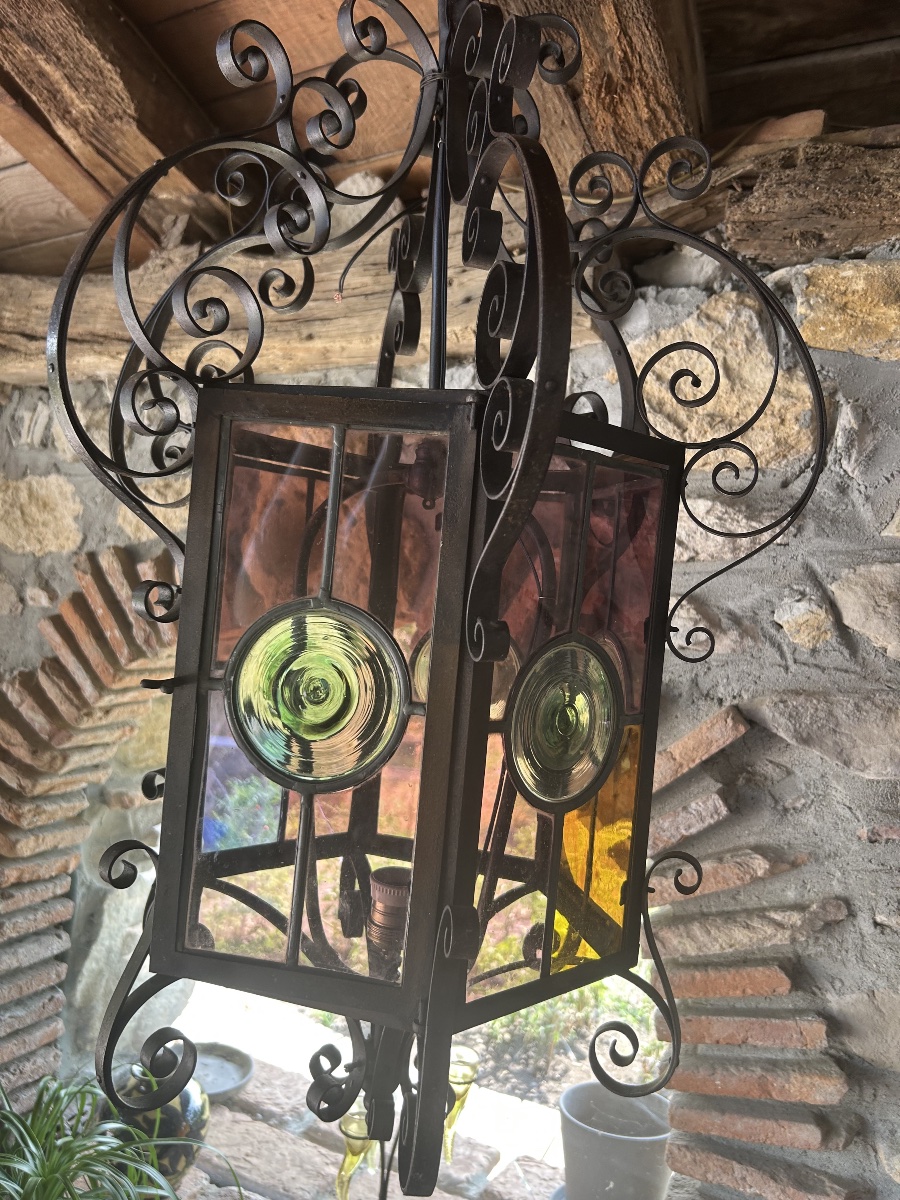 Large Lantern, Cathedral Glass, Early 20th Century -photo-6