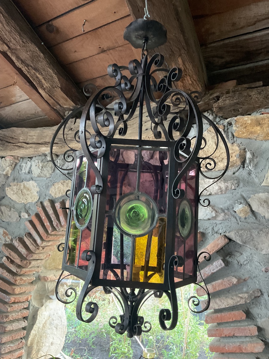 Large Lantern, Cathedral Glass, Early 20th Century 