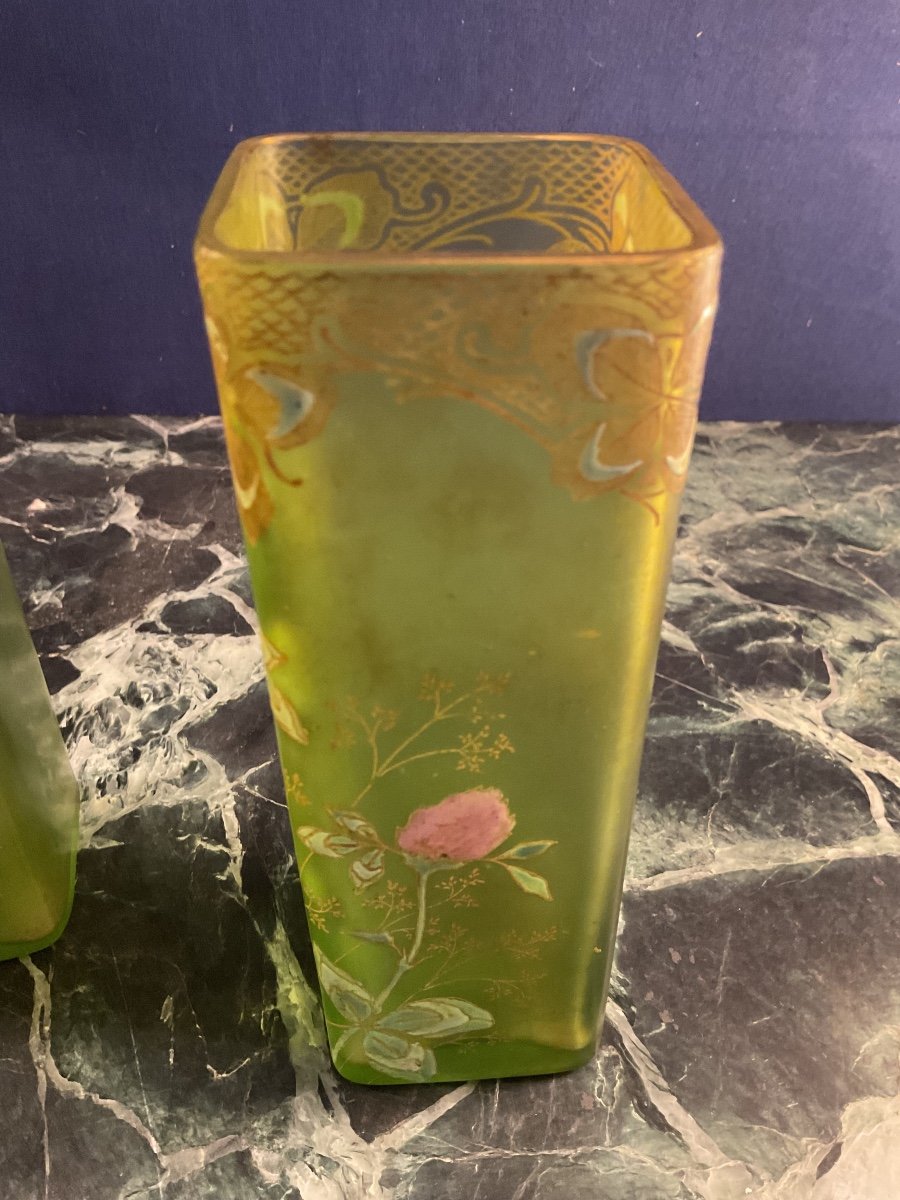 Pair Of Enameled Glass Vases From Legras, Art Nouveau Period, 1900-photo-4