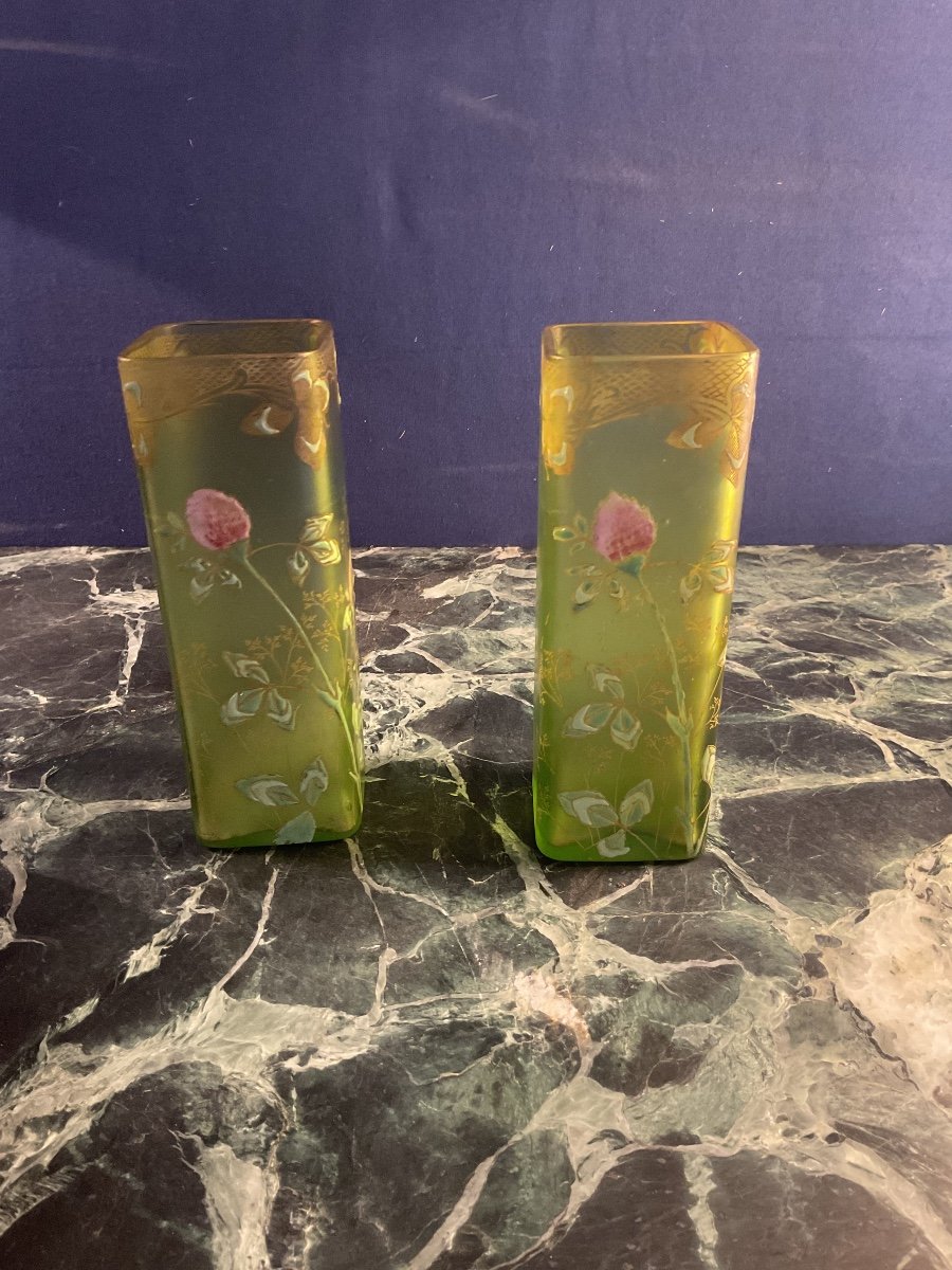 Pair Of Enameled Glass Vases From Legras, Art Nouveau Period, 1900-photo-3