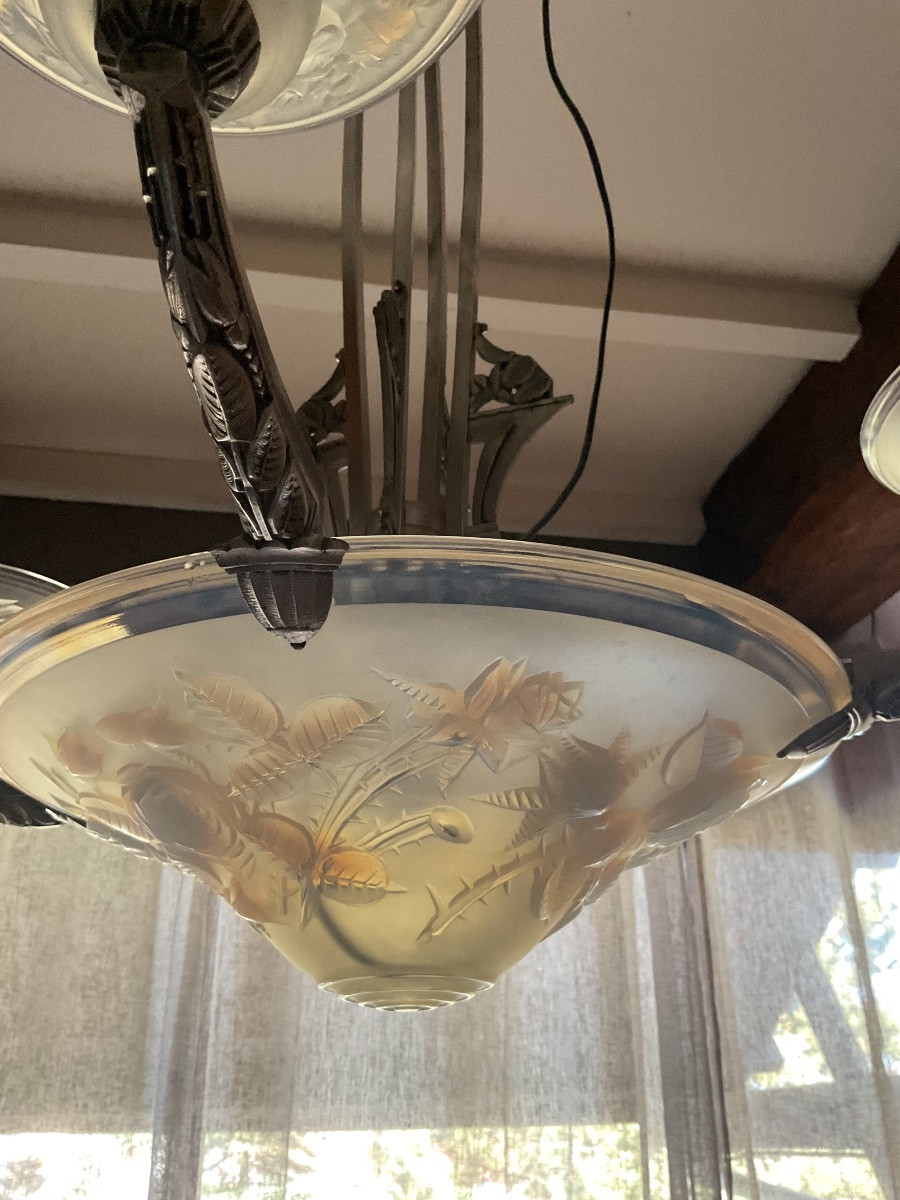 Lustre Art Déco époque 1925 en verre opalescent signé P . Maynadier -photo-4