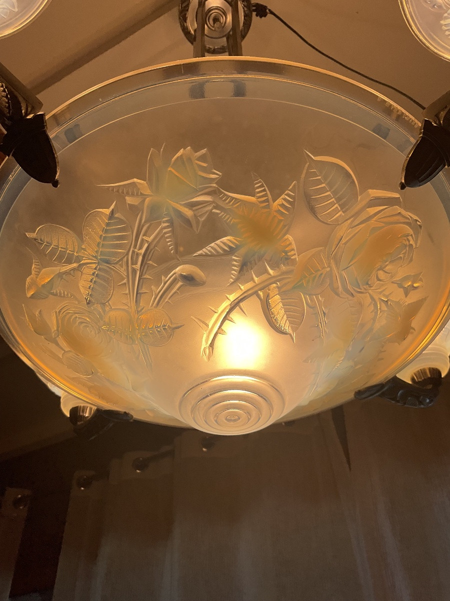 Lustre Art Déco époque 1925 en verre opalescent signé P . Maynadier -photo-2