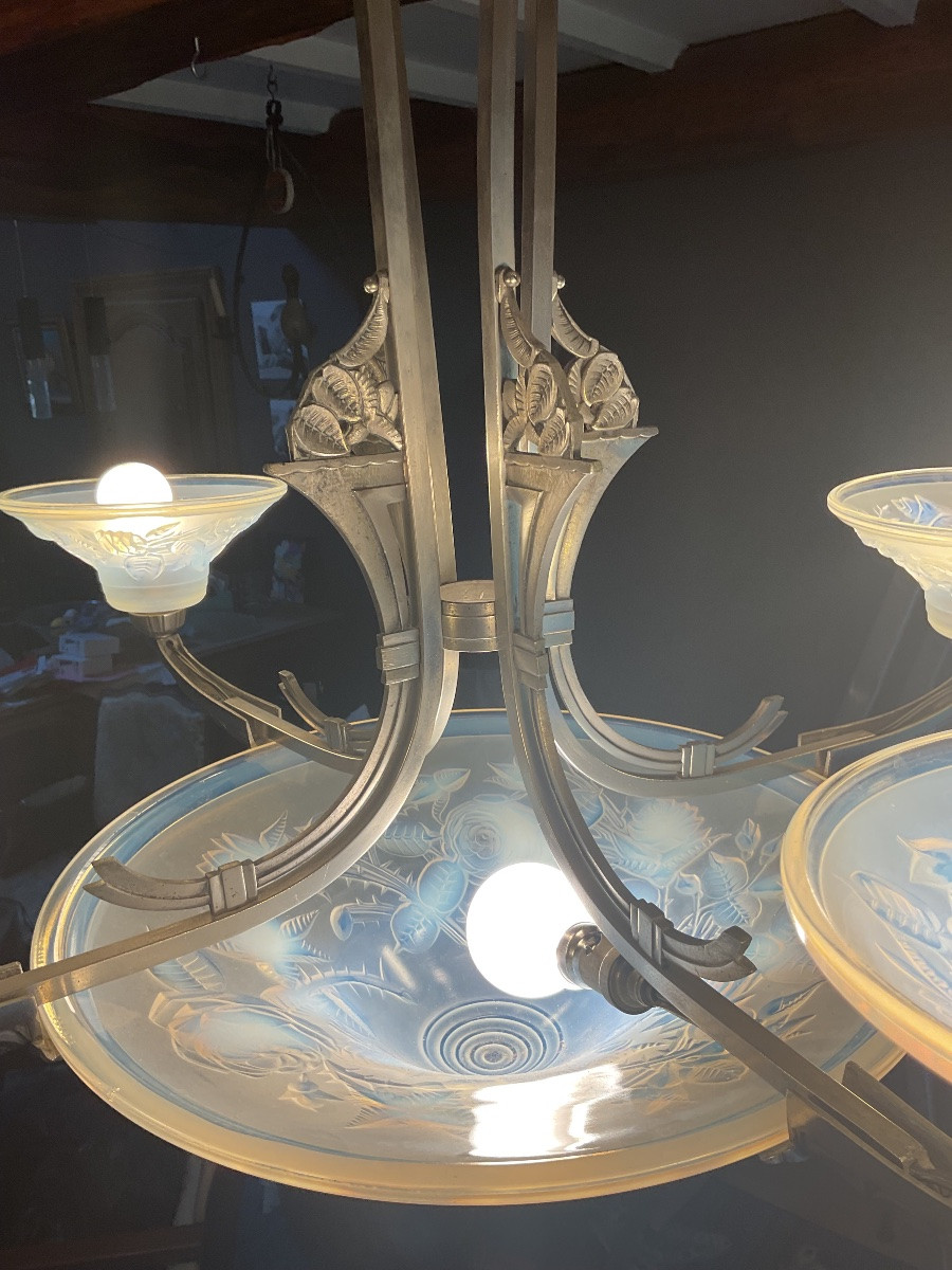 Lustre Art Déco époque 1925 en verre opalescent signé P . Maynadier -photo-4