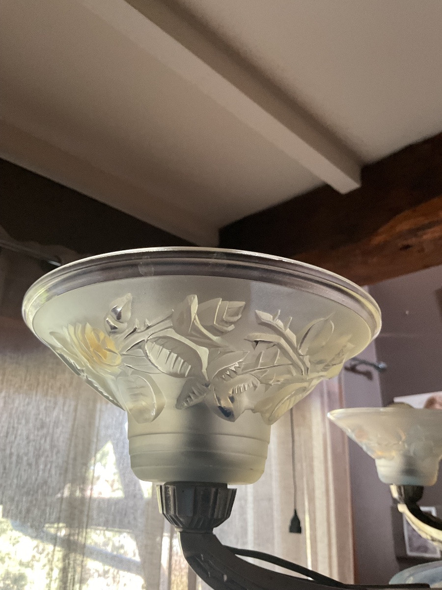 Lustre Art Déco époque 1925 en verre opalescent signé P . Maynadier -photo-5