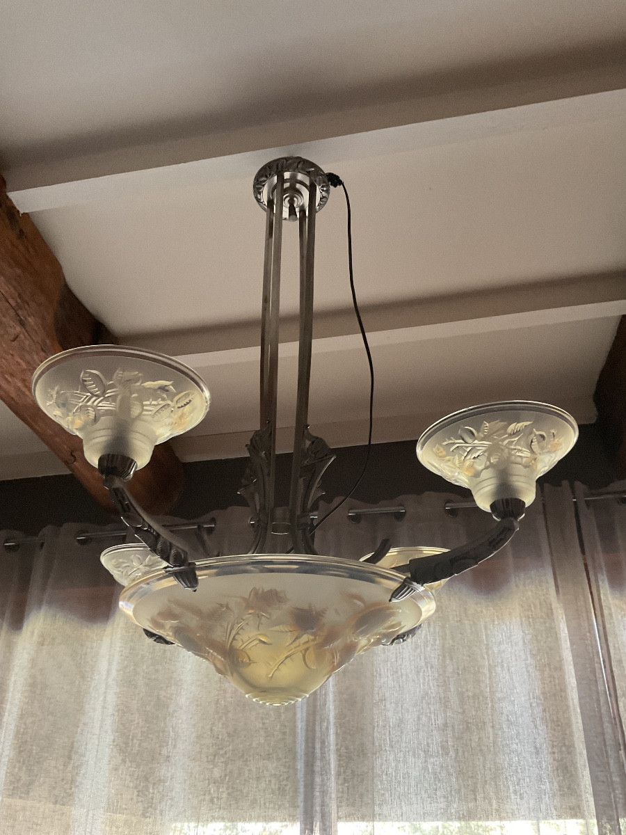 Lustre Art Déco époque 1925 en verre opalescent signé P . Maynadier 
