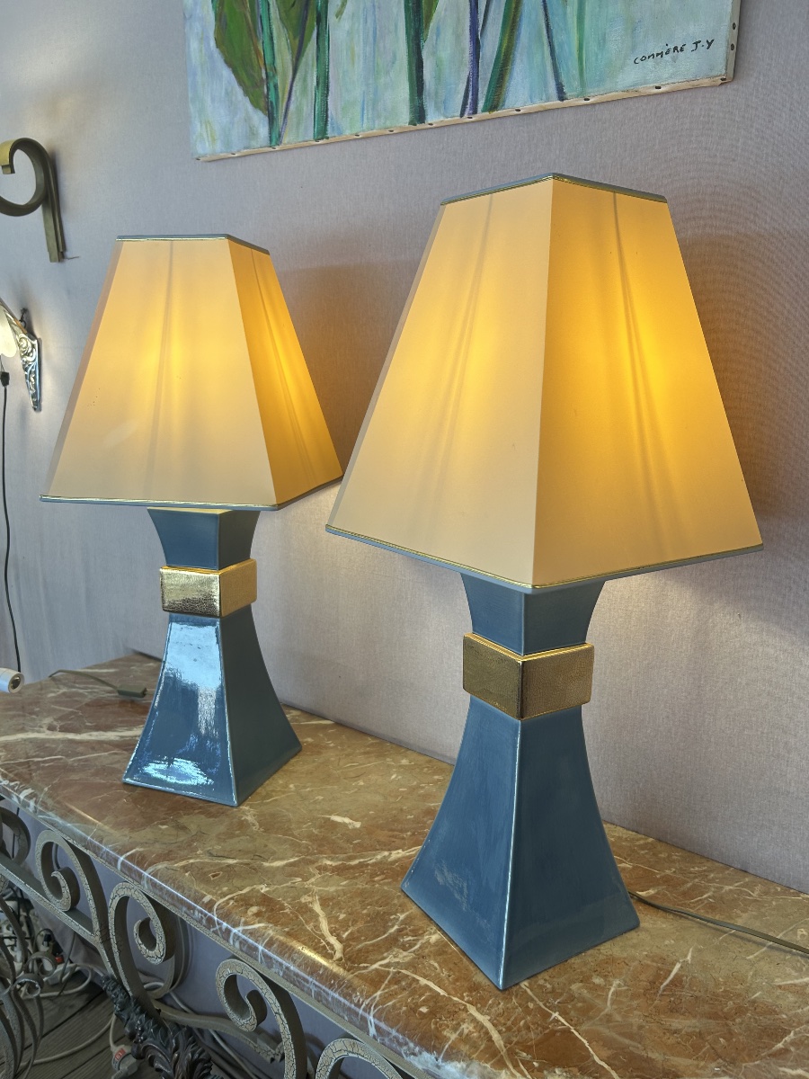 Paire de lampes en céramique des années 1980  Création le Dauphin -photo-2