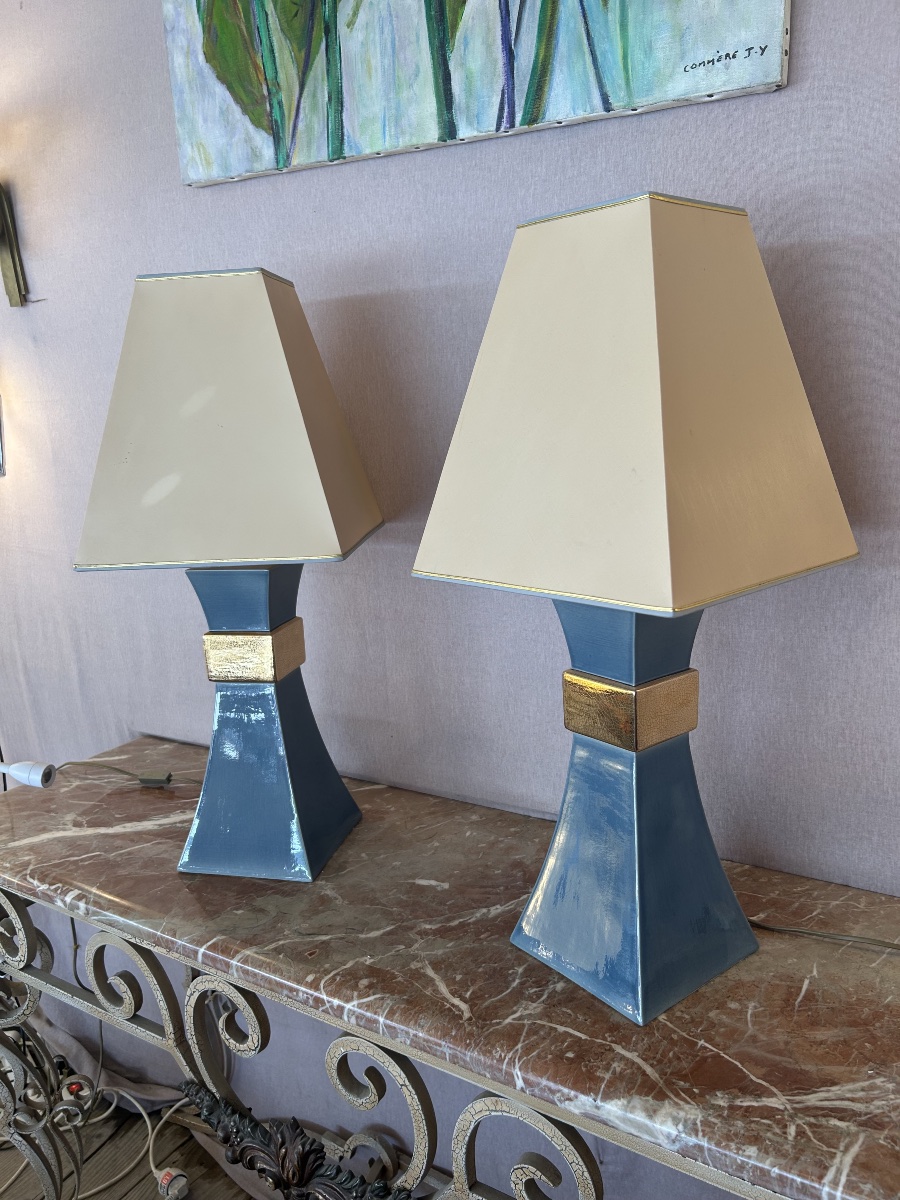 Paire de lampes en céramique des années 1980  Création le Dauphin -photo-3