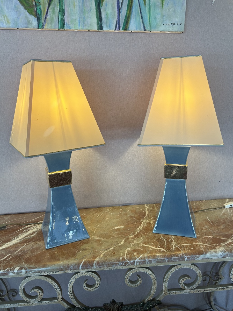 Paire de lampes en céramique des années 1980  Création le Dauphin -photo-4