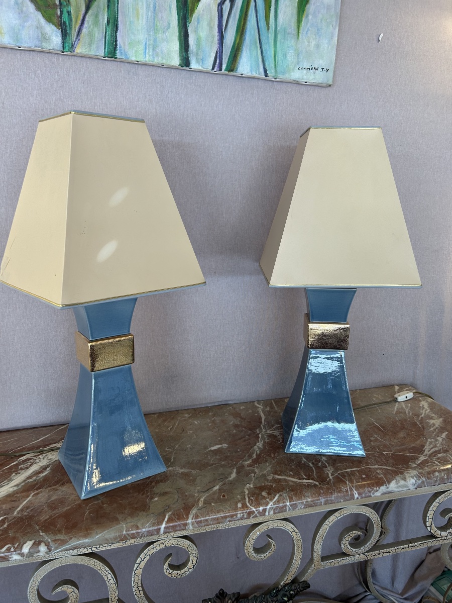 Paire de lampes en céramique des années 1980  Création le Dauphin -photo-4