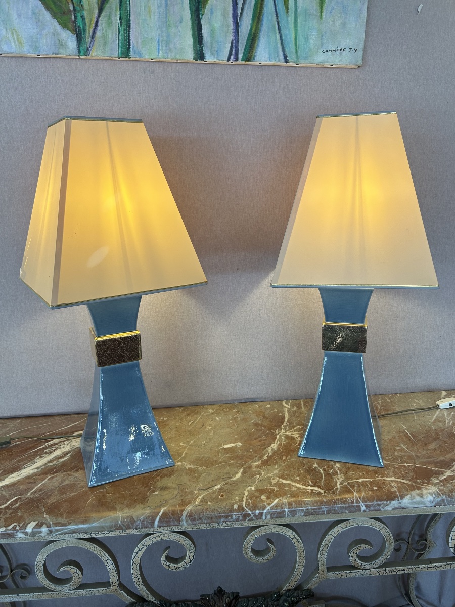 Paire de lampes en céramique des années 1980  Création le Dauphin -photo-5