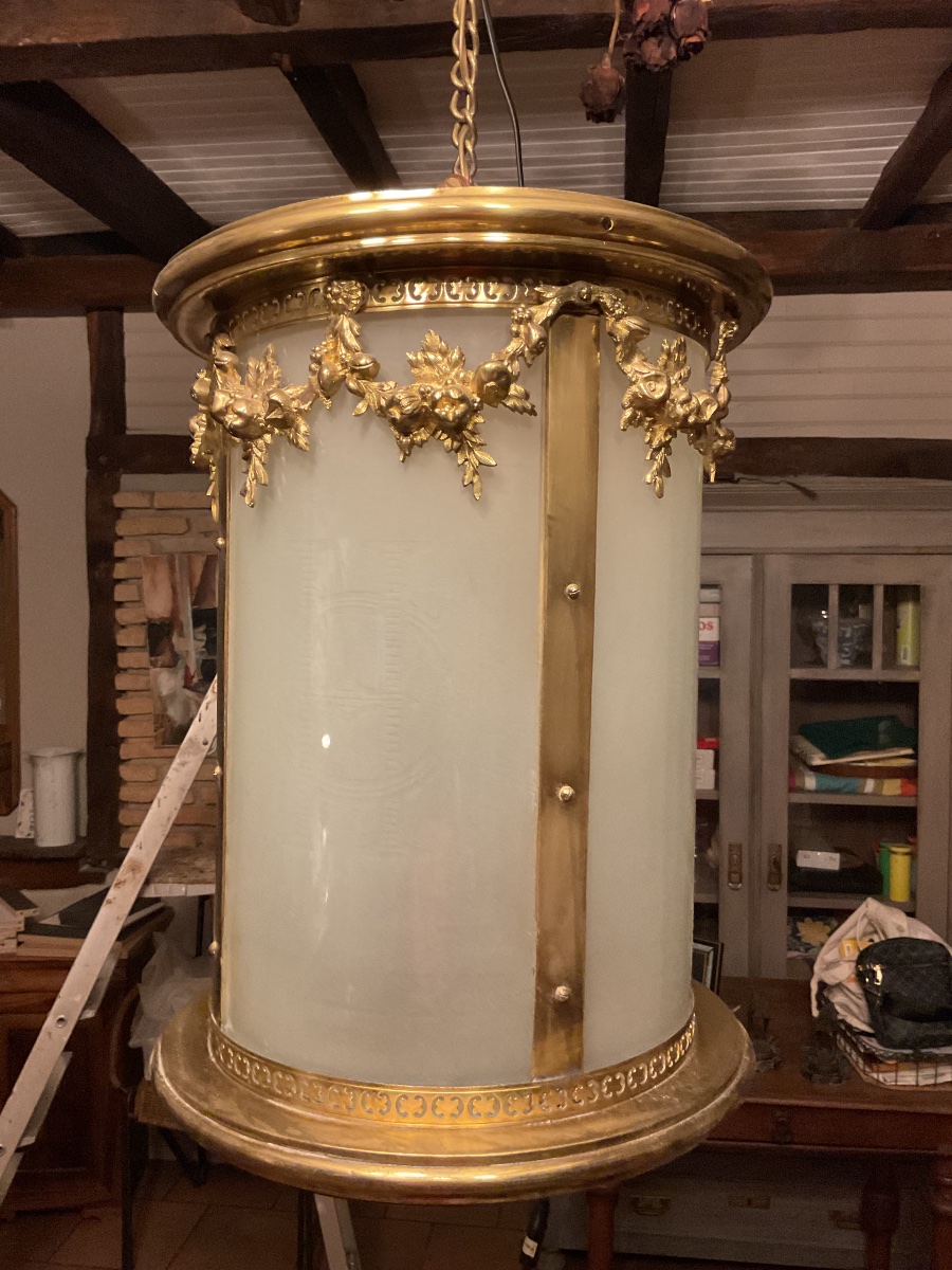 Large Louis XVI-style Brass Lantern. Late 19th Century -photo-4