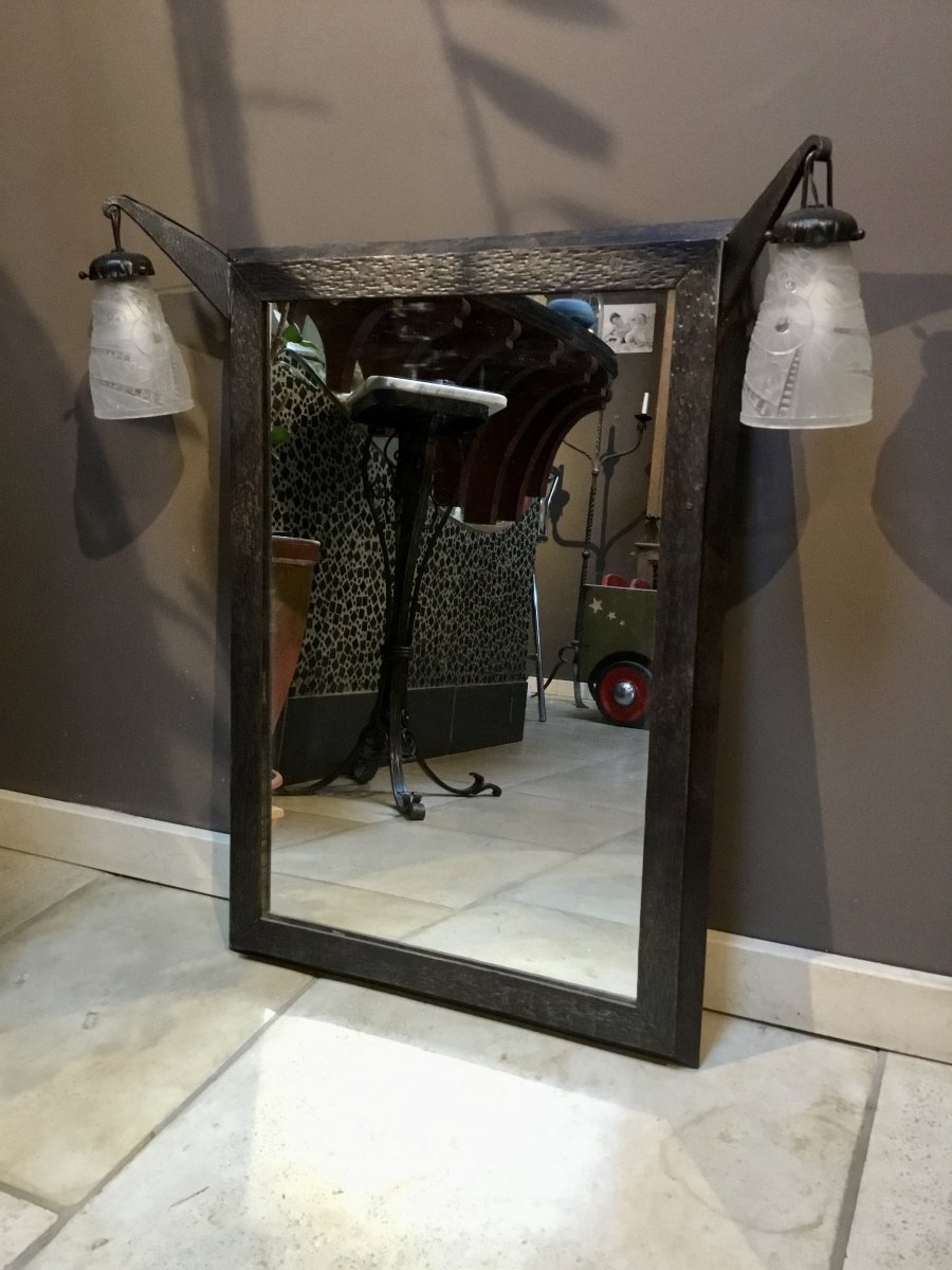 Art Deco Wrought Iron Mirror With Incorporated Sconces-photo-6