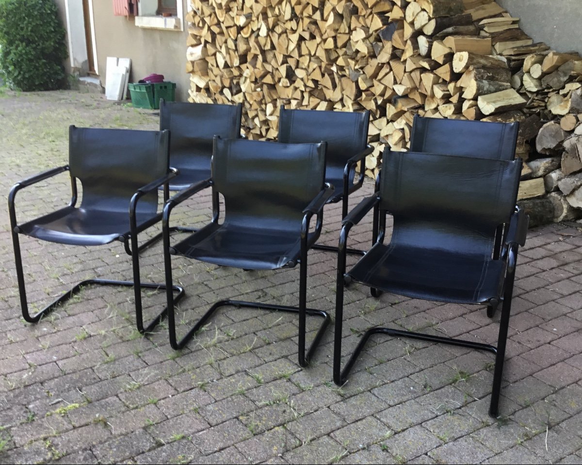 Suite Of Six Leather Office Or Dining Chairs. Design Italy 1970