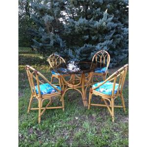 Rattan Table And Four Armchairs From The 1980s