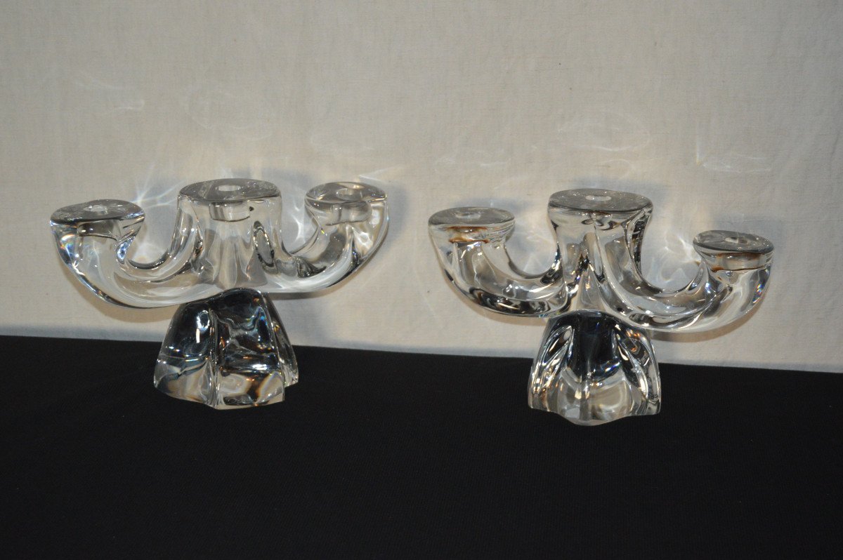 Pair Of Daum Crystal Candlesticks.-photo-1