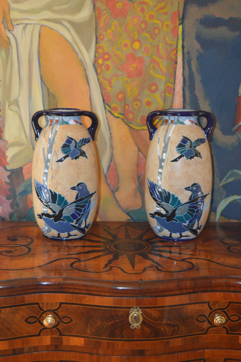 Pair Of Art Deco Ceramic Amphora Vases.