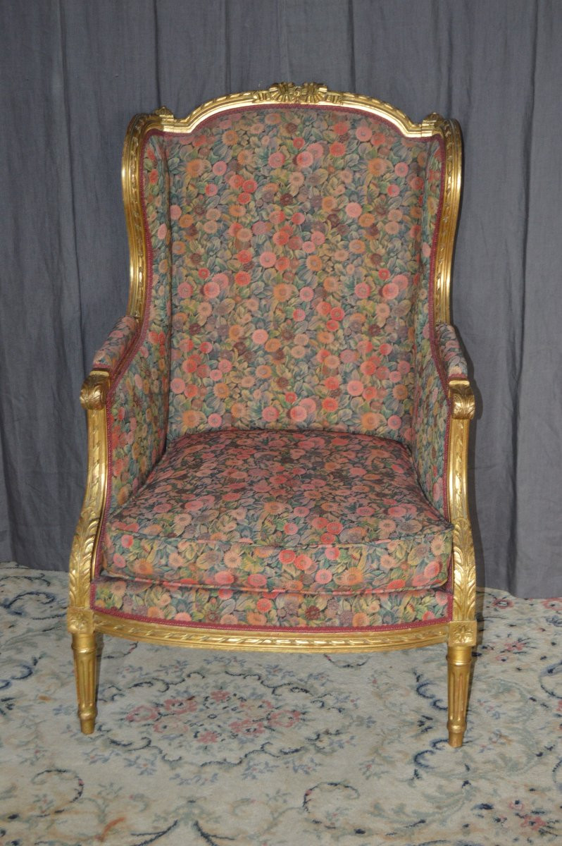 Louis XVI Style Bergère Chair In Gilded Wood-photo-6