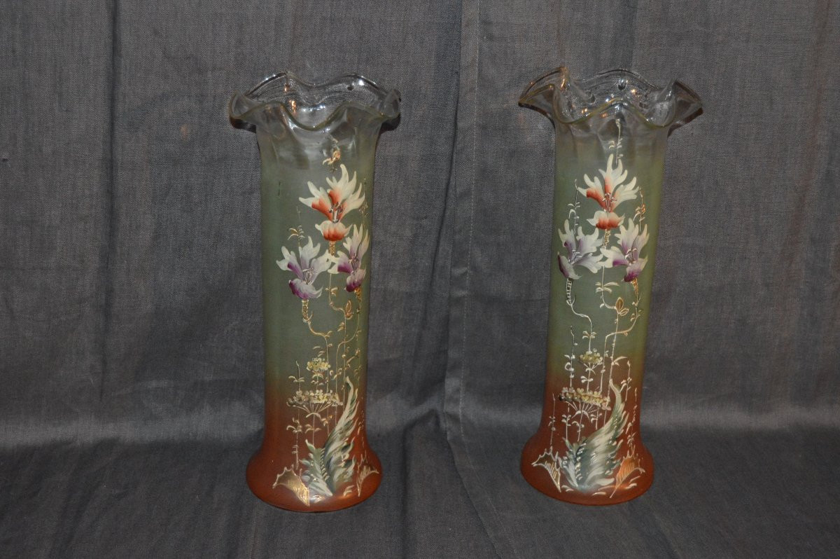 Pair Of Legras Enameled Glass Vases-photo-2