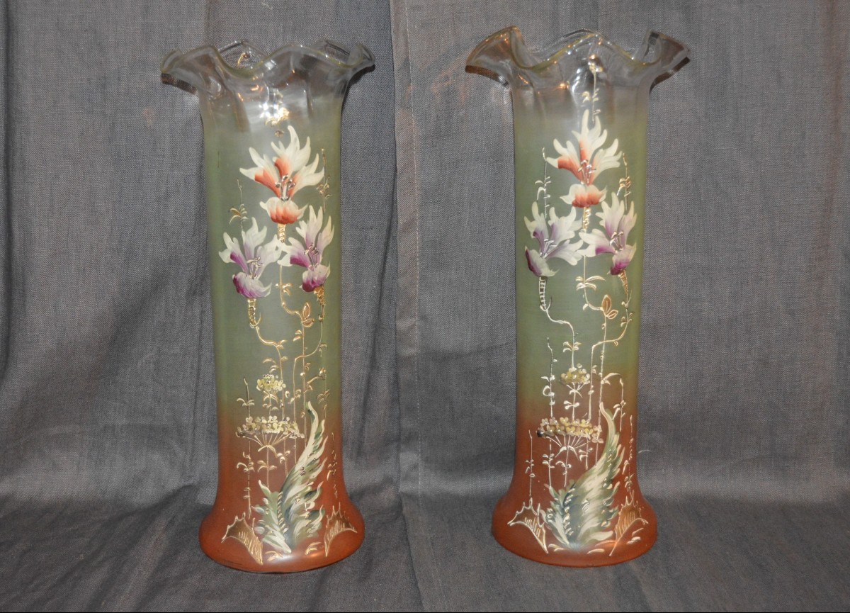 Pair Of Legras Enameled Glass Vases