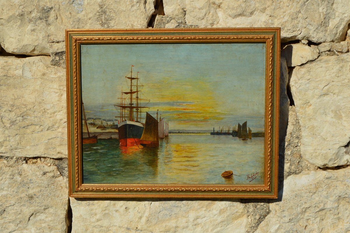 Marine, View Of A Port Signed H. Lépée-photo-3