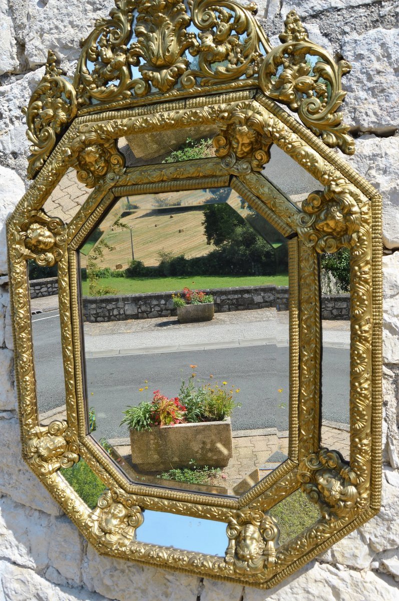 Large Louis XIV Style Mirror In Repoussé Brass-photo-3