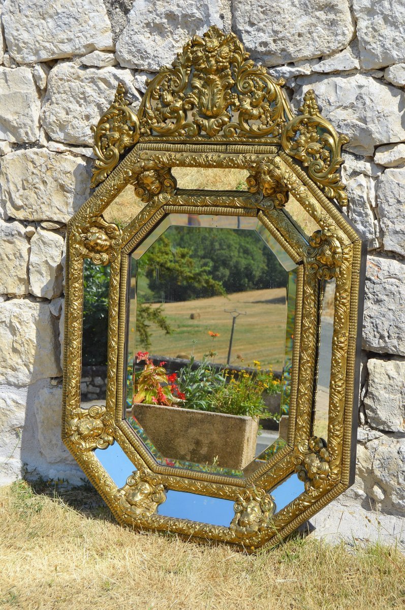 Large Louis XIV Style Mirror In Repoussé Brass