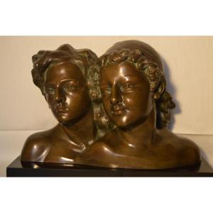 Double Portrait In Art Deco Bronze Bust Signed A. Gori Or Gory