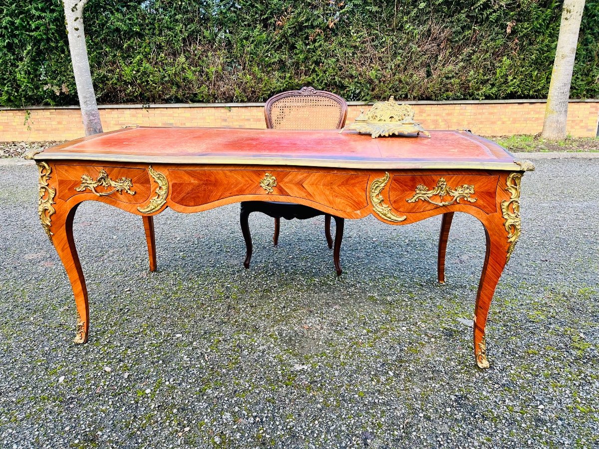 Bureau plat marqueterie et bronze Louis XV-photo-2