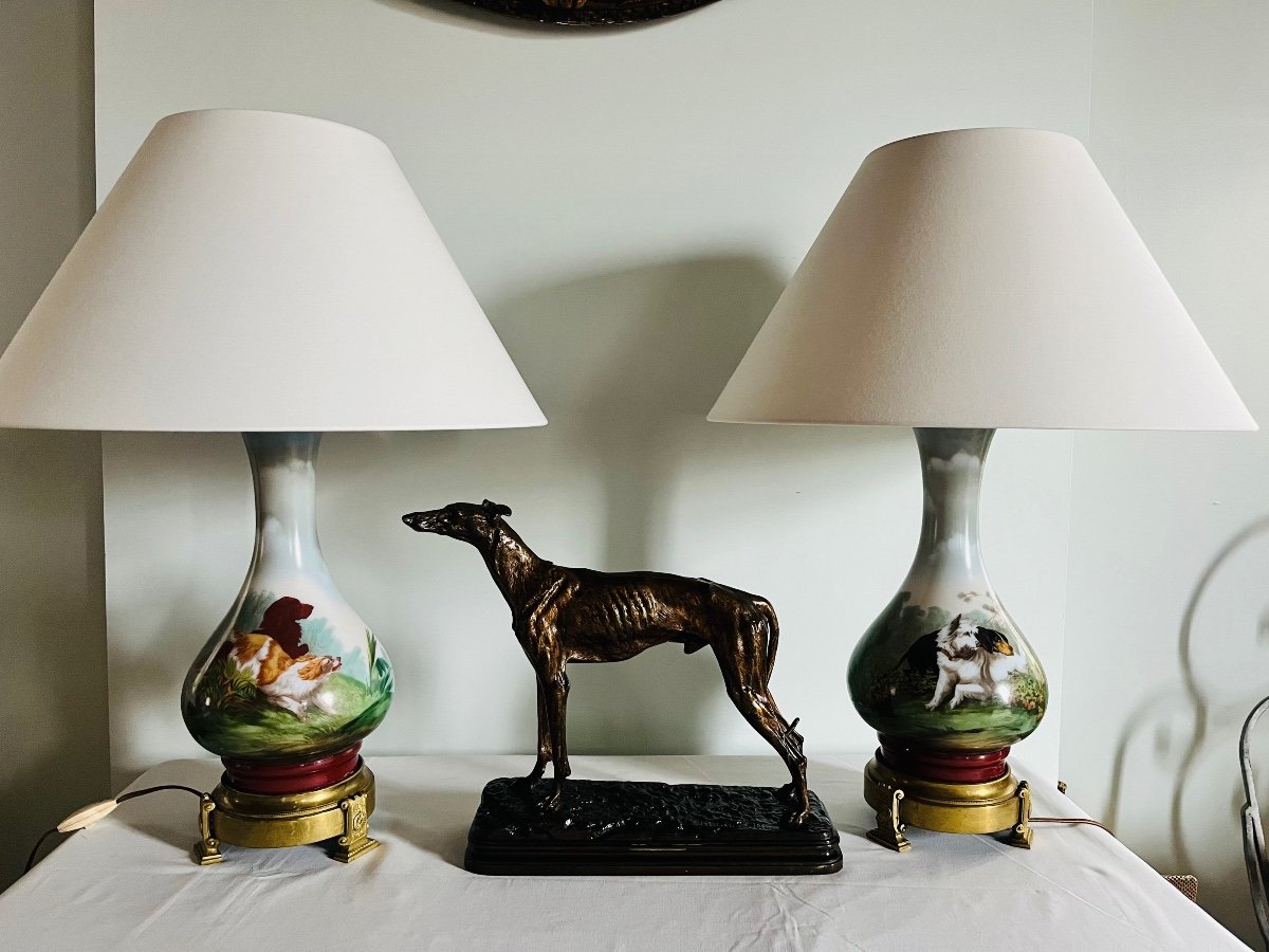 Lampes en opaline Napoléon III décor chiens de chasse -photo-2