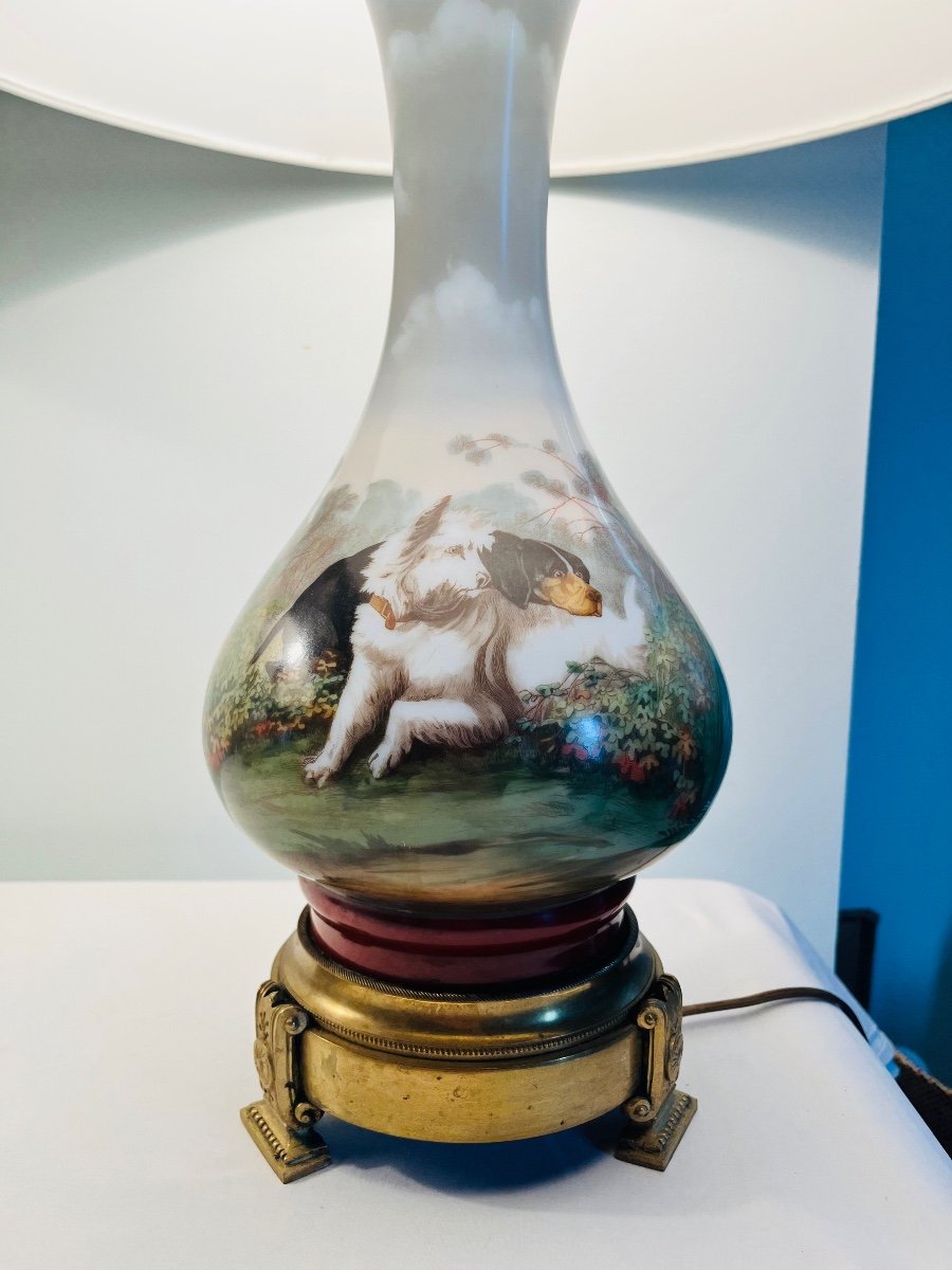 Lampes en opaline Napoléon III décor chiens de chasse -photo-3