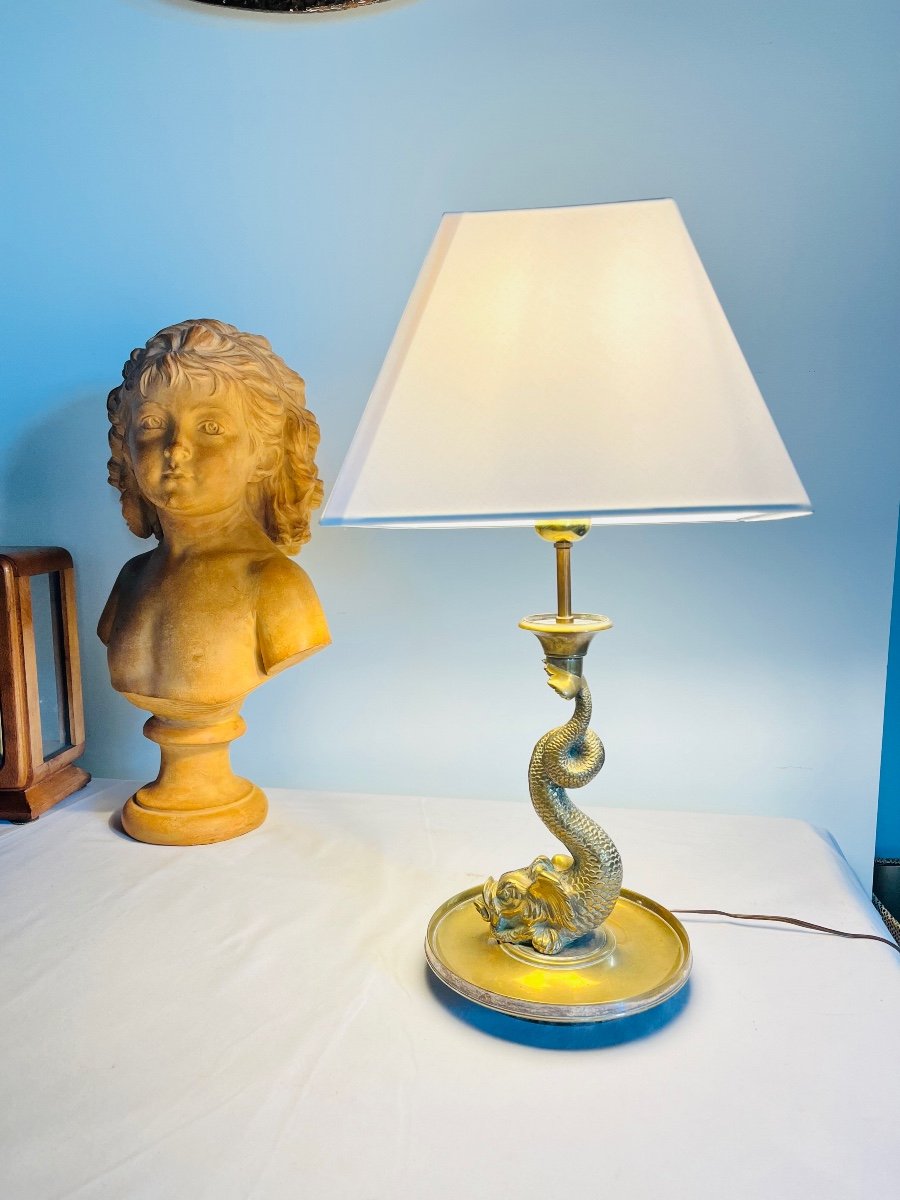 Lampe "au dauphin" bronze doré -photo-2
