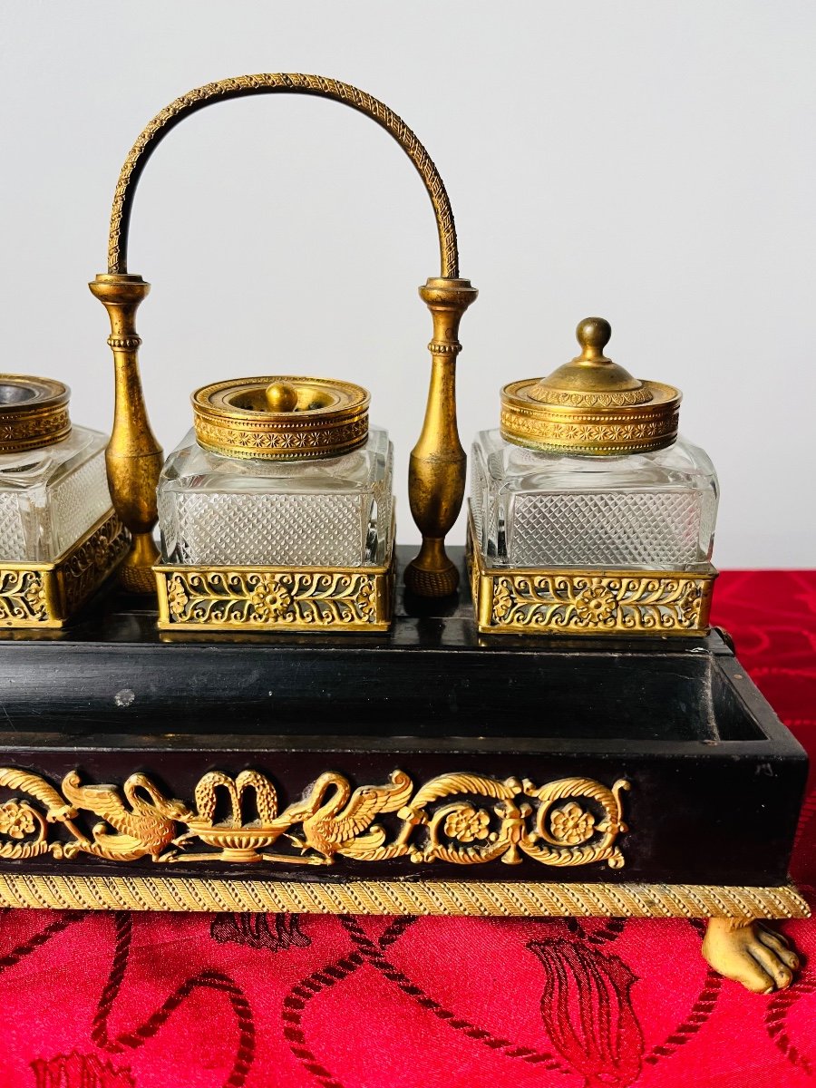 Empire Writing Inkwell In Ebony And Stamped Gilded Bronze -photo-2