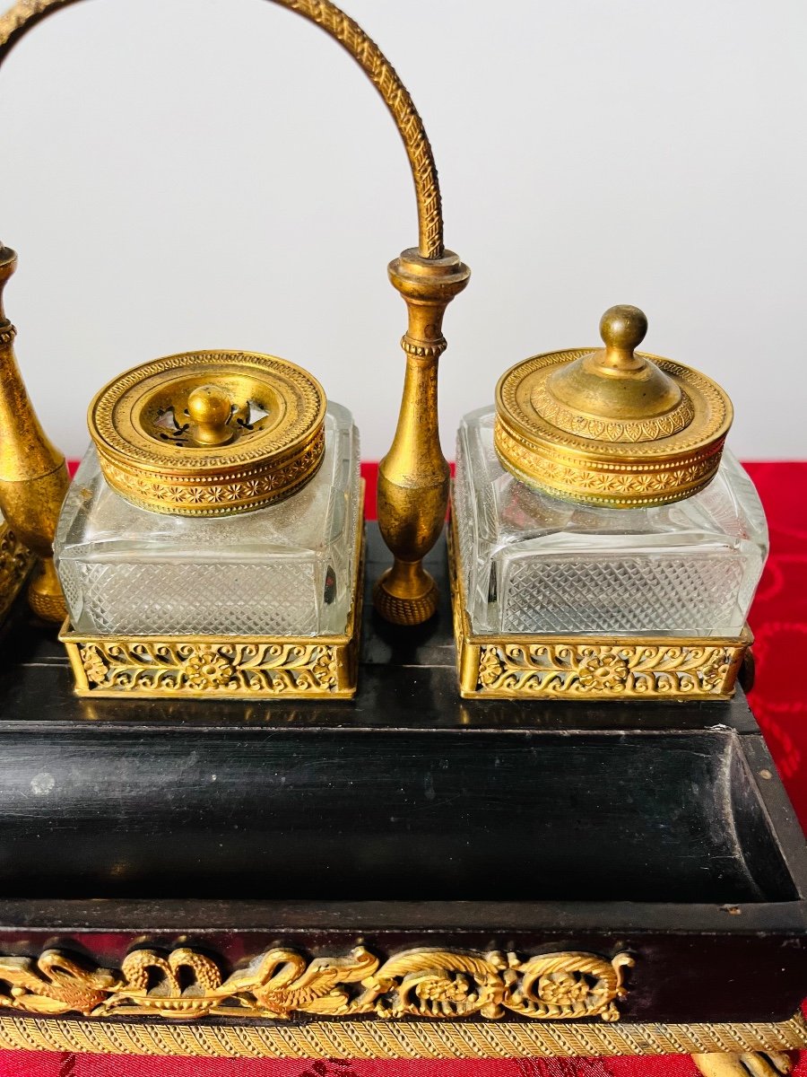 Empire Writing Inkwell In Ebony And Stamped Gilded Bronze -photo-2