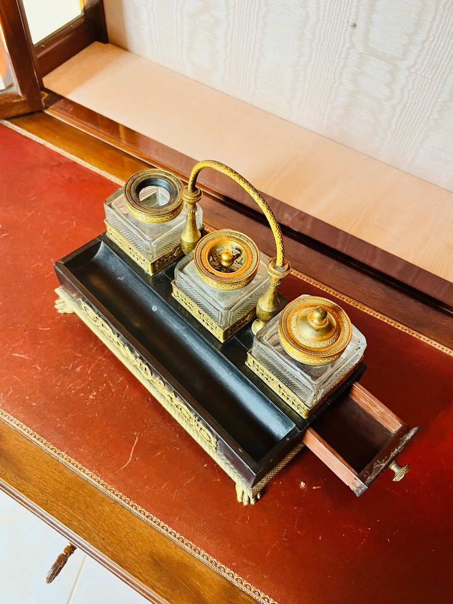 Empire Writing Inkwell In Ebony And Stamped Gilded Bronze -photo-4