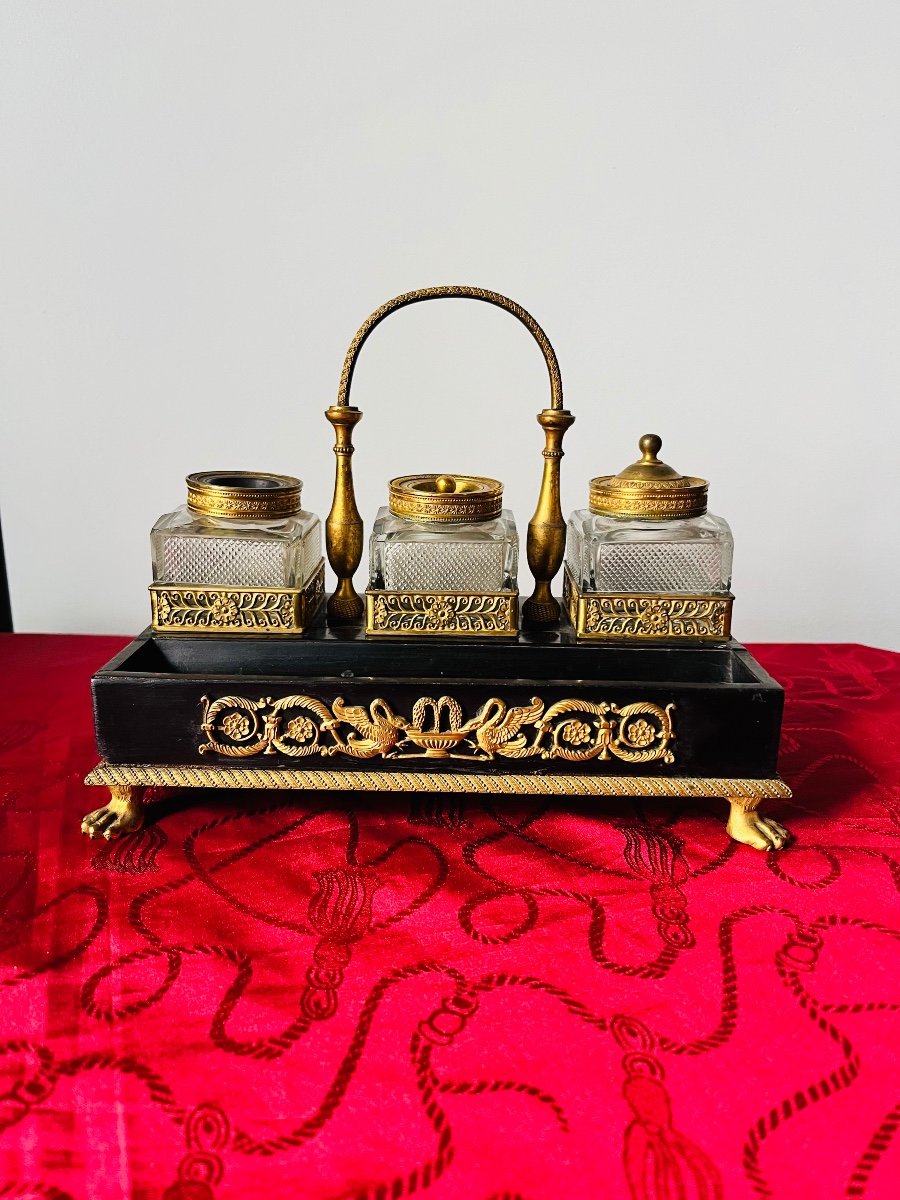 Empire Writing Inkwell In Ebony And Stamped Gilded Bronze 