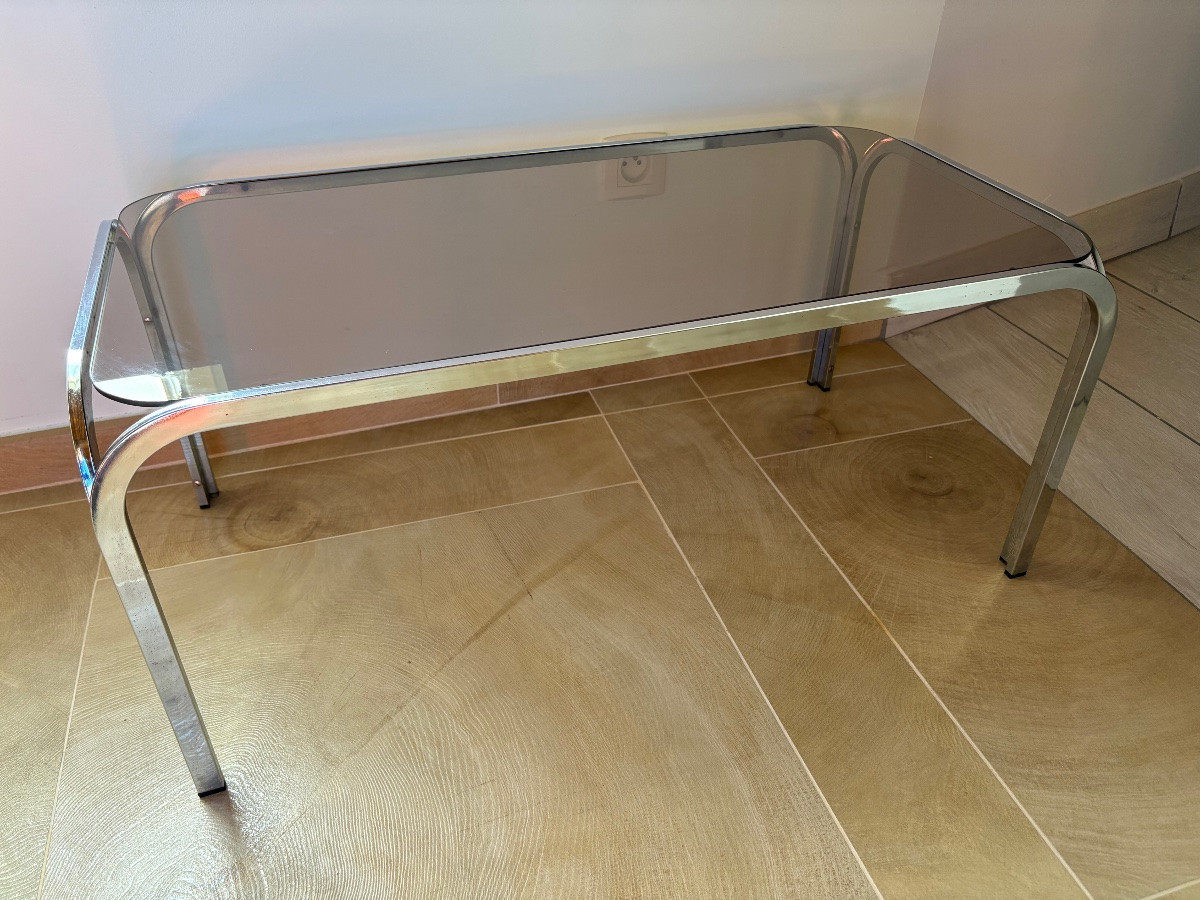Table basse design 1970 chrome et verre fumé -photo-1