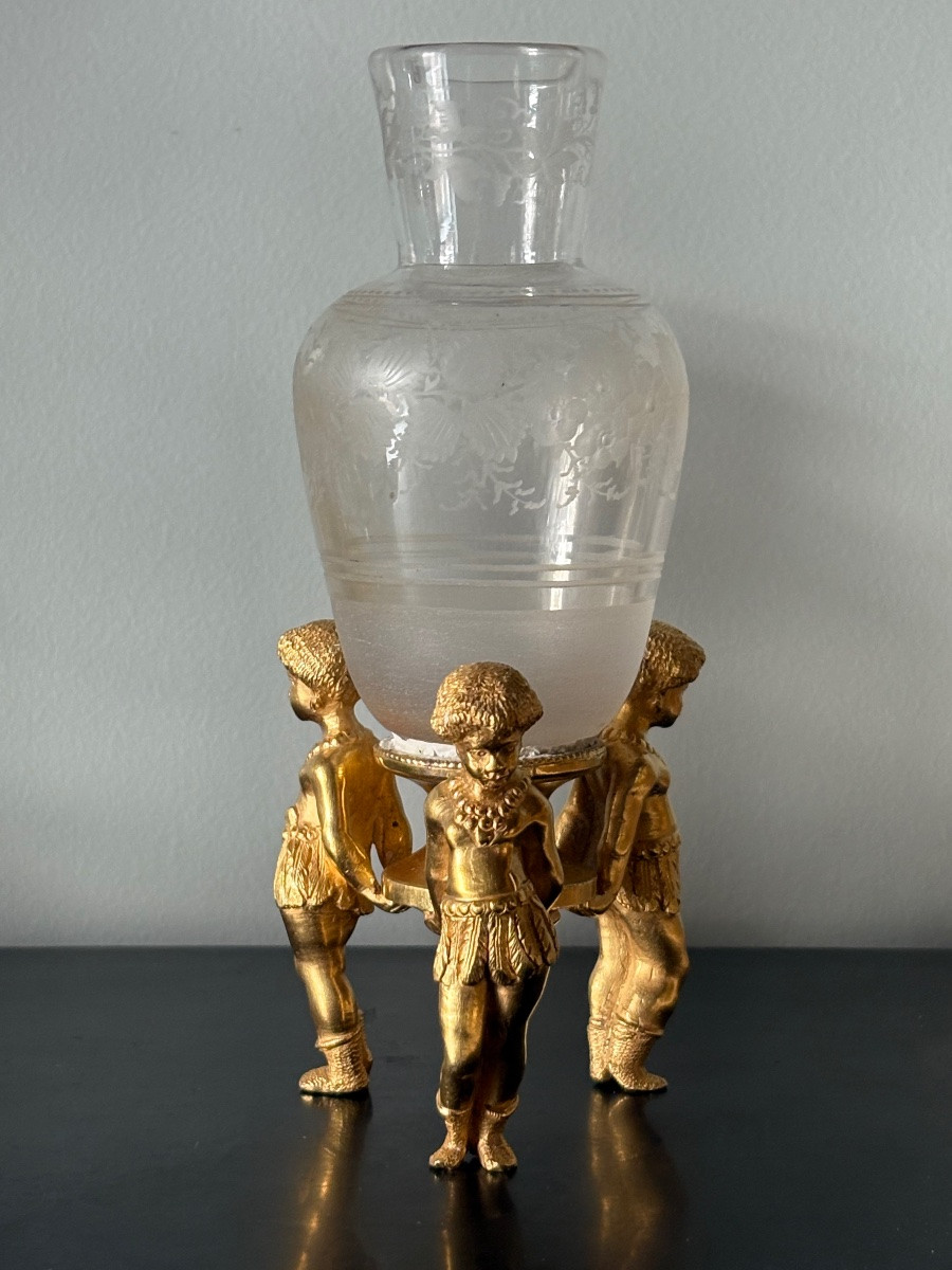 Vases "allégorie de l’Amérique" bronze doré et cristal -photo-2