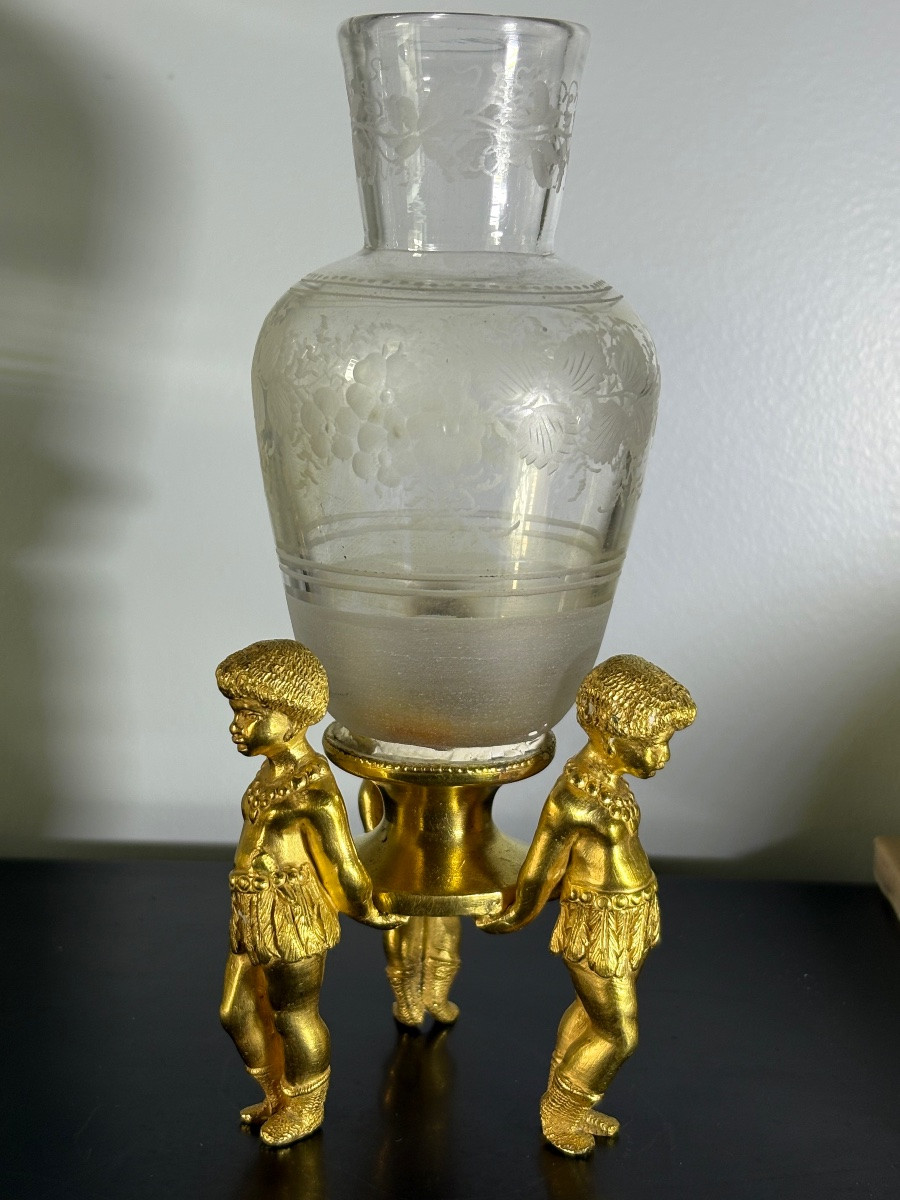 Vases "allégorie de l’Amérique" bronze doré et cristal -photo-1