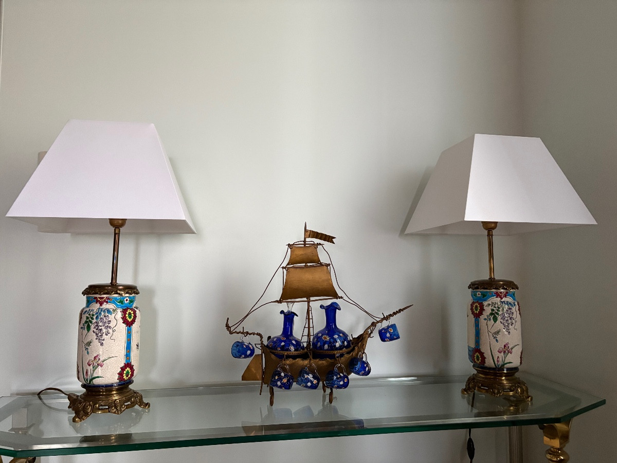Lampes émaux de Longwy décor "japonisant"