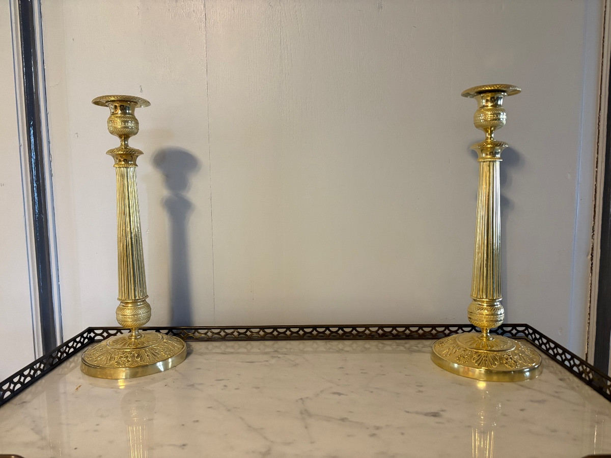 Large Empire-style Candlesticks In Gilt Bronze -photo-2