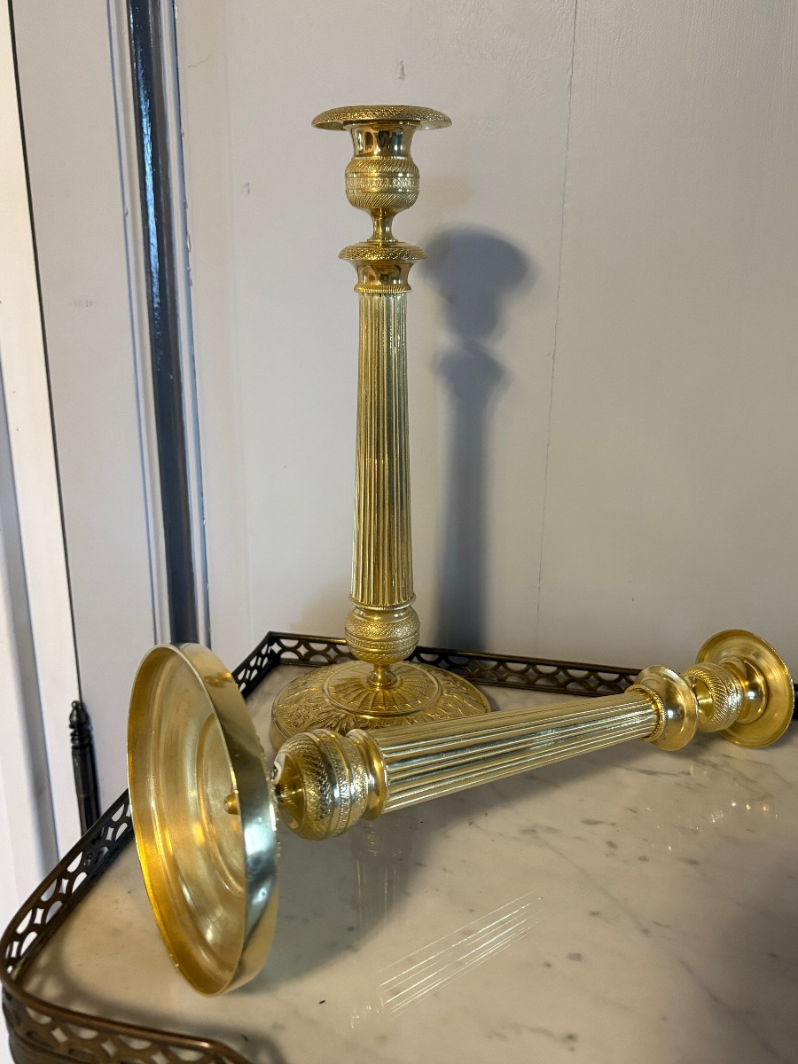 Large Empire-style Candlesticks In Gilt Bronze -photo-2