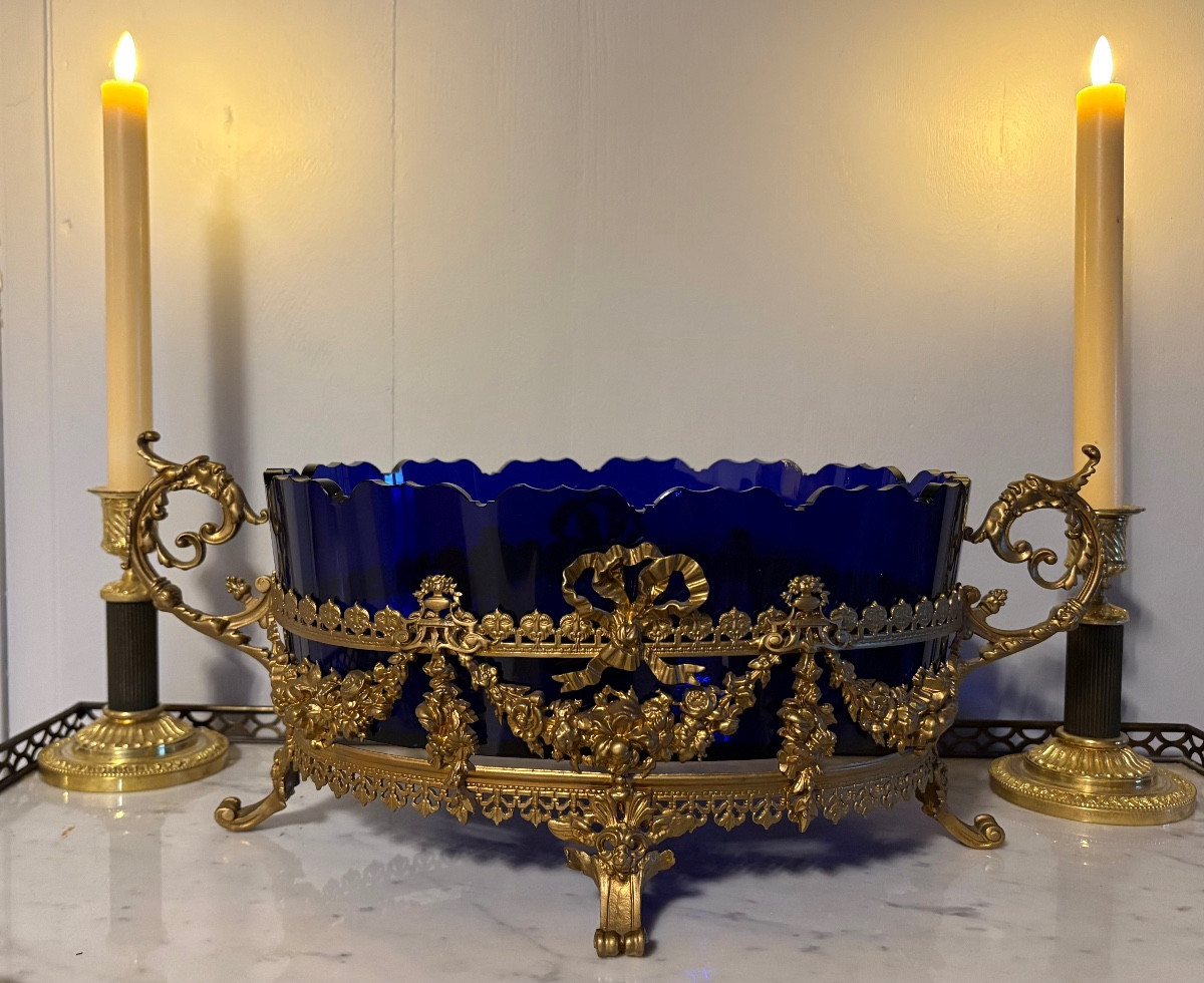 Blue Crystal Centerpiece/planter On A Gilt Bronze Mount 