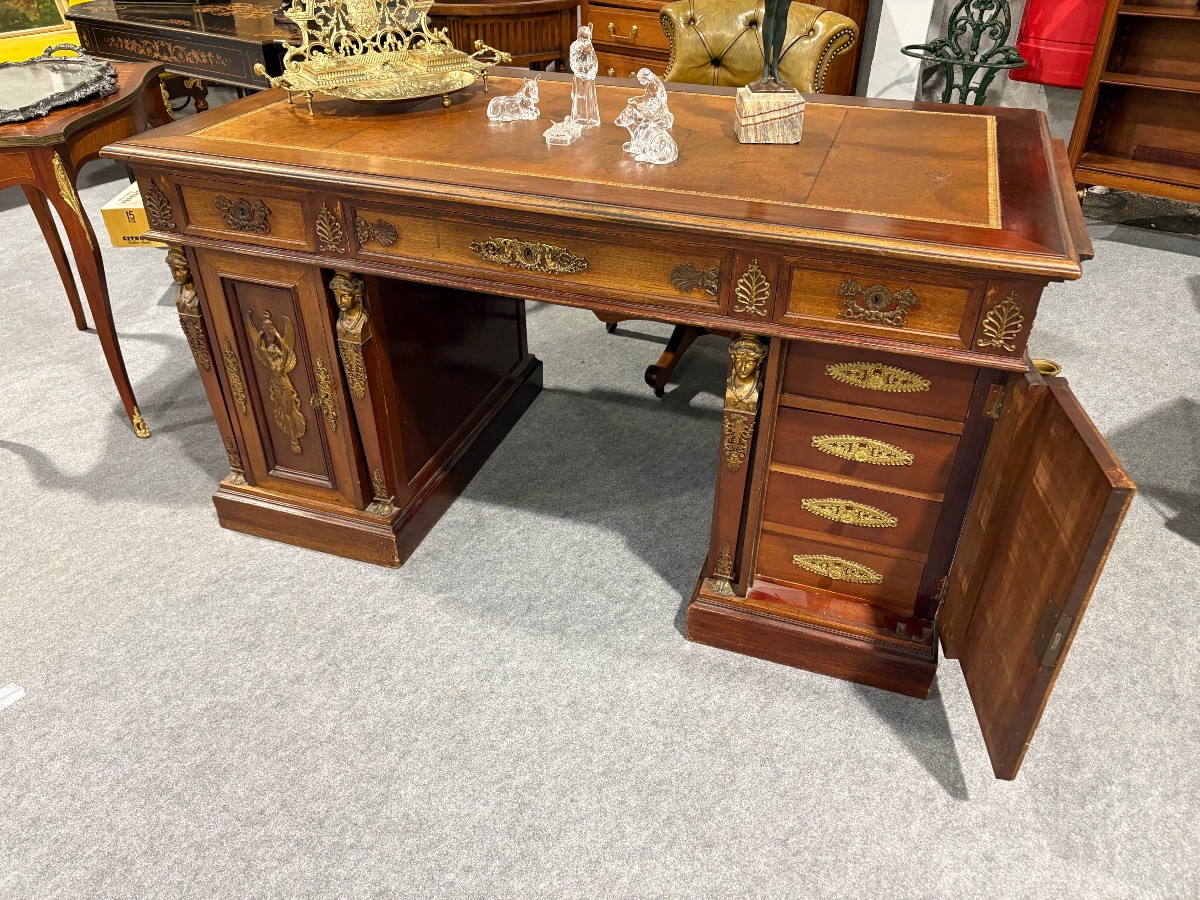 Empire Style Desk, Egyptian Revival Style, In Mahogany Adorned With Gilt Bronze Mounts 