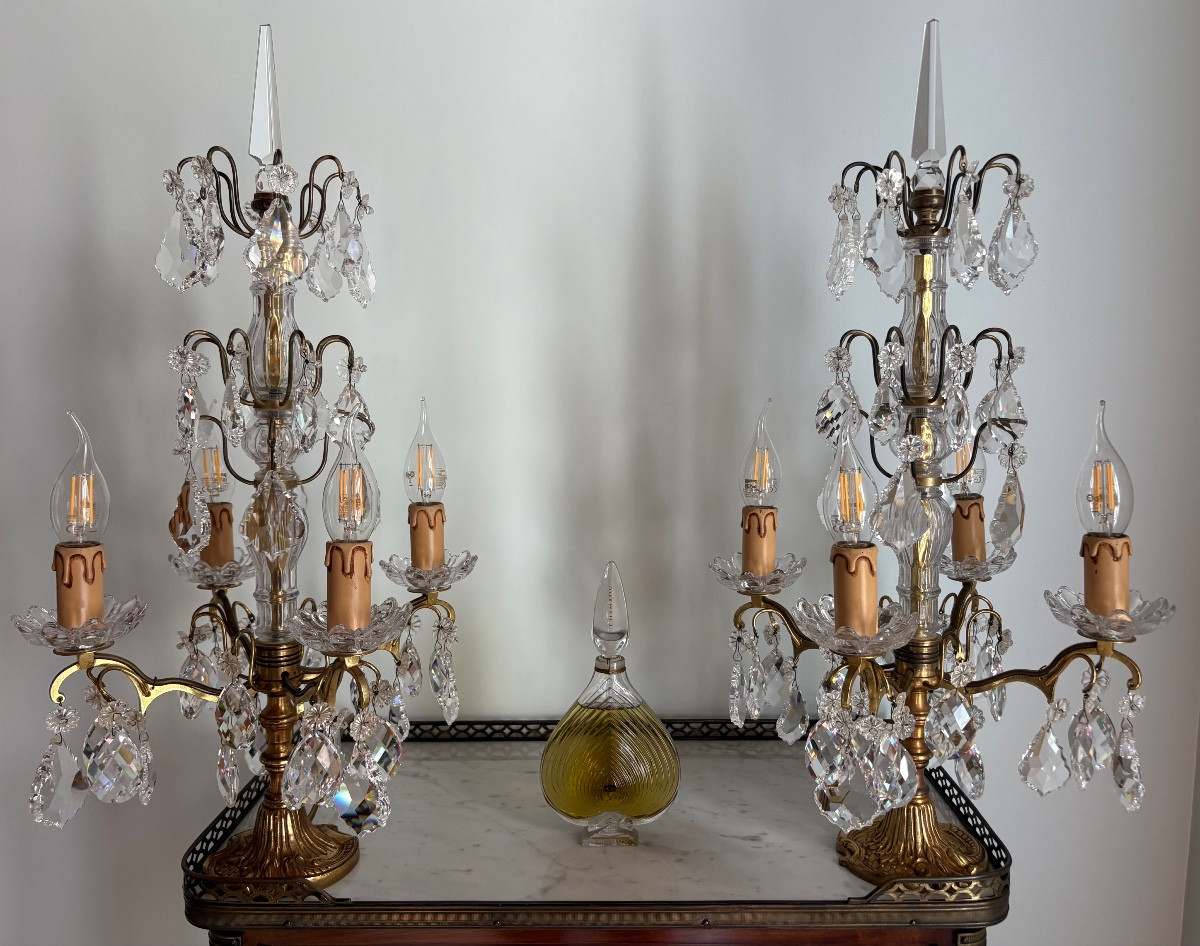 Paire de girandoles bronze doré et cristal Louis XV 